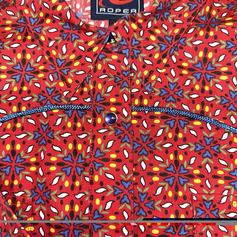 Vintage 90's Roper Western Red Geo Pearl Snap Shirt Aztec Rockabilly Women's L - Picture 2 of 8